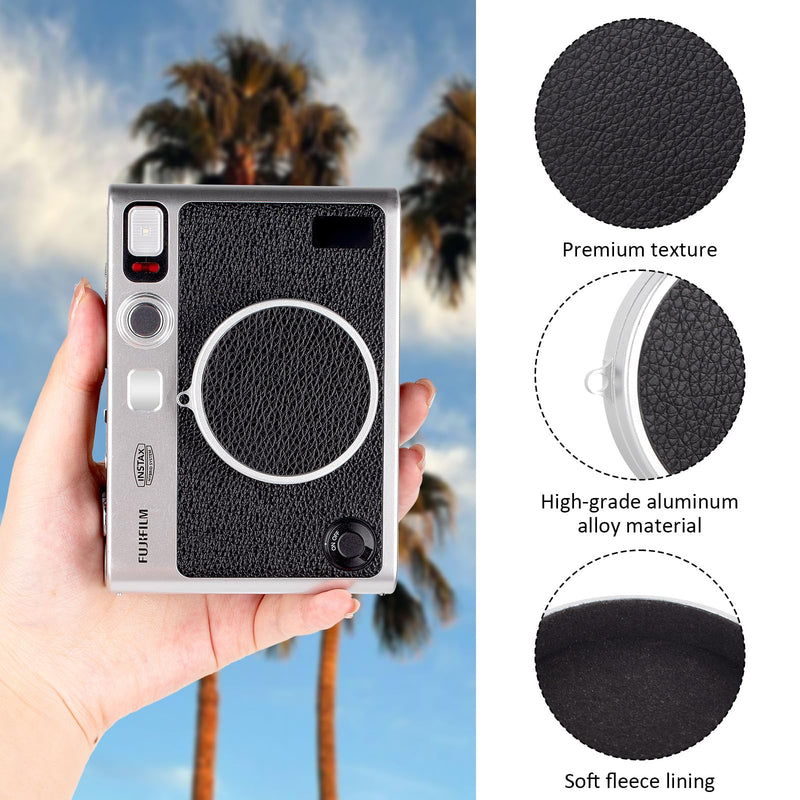 Rieibi Lens Cap for Fujifilm Instax Mini Evo, Fuji Instax Accessories - Anti-Scratch Retro Leather Aluminum Lens Cover with Flocking Internal, Anti-Lost Wrist Strap-Black Texture Black