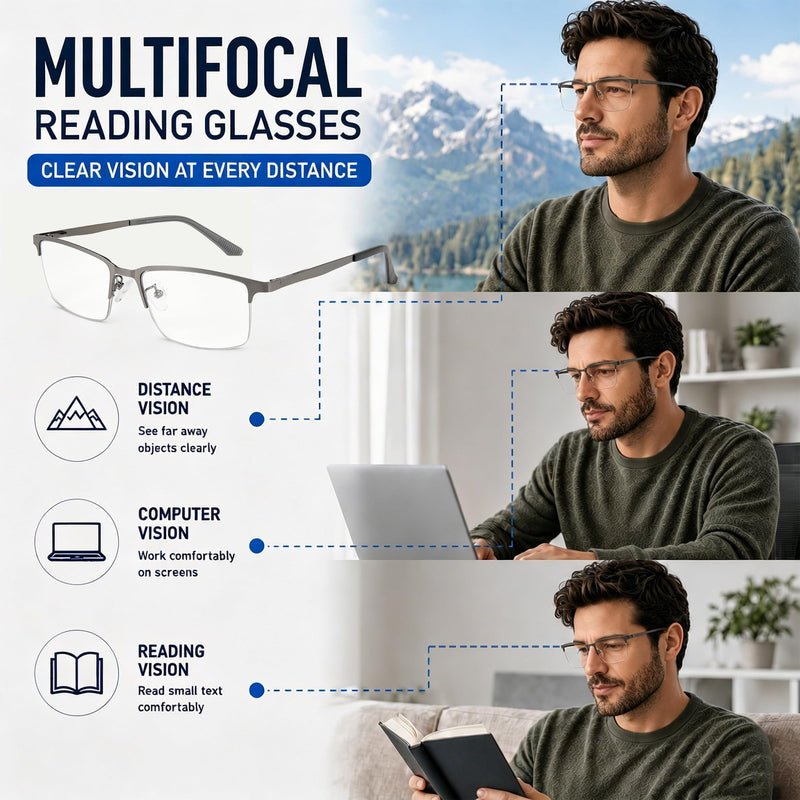 Photochromic Multifocus Reading Glasses, Progressive Transition Readers with Blue Light Filtering Lenses for Men Shine Grey 2.5 x
