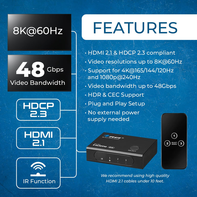 4K@120hz 3x1 HDMI Switch 8K by OREI - Remote Control HDMI Selector 48Gbps High Resolution Switch Between 3 Inputs Prefect for Gaming, PS5, Xbox, HDR10, Dolby Vision (BK-301)