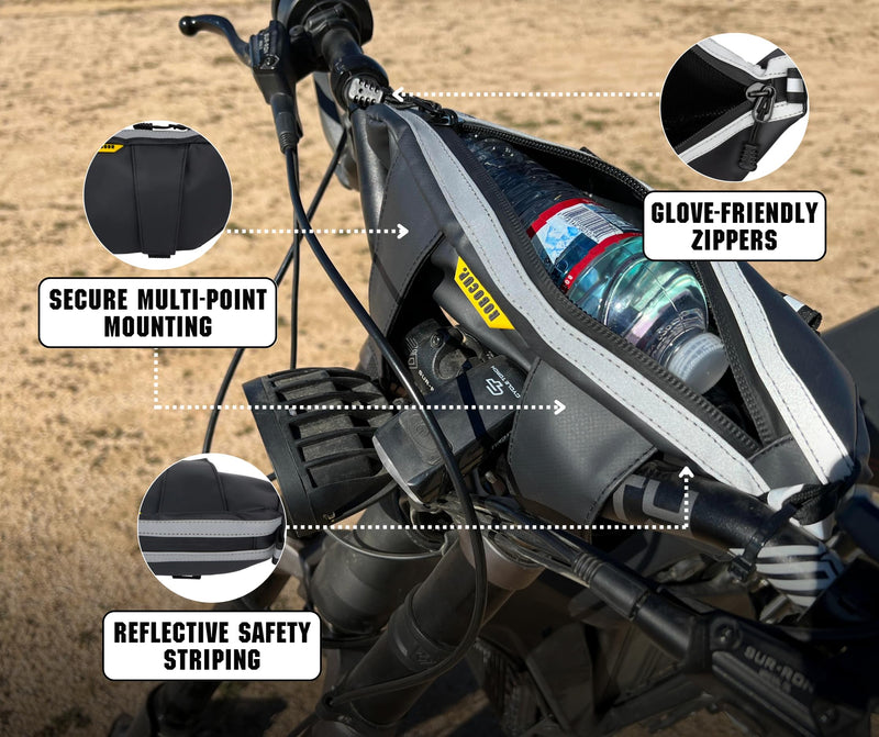 Handlebar Trail Bag for Adventure Motorcycles, Dirt Bikes, ATV, eBikes | 2L Storage for Tools, Phone, Keys, Snacks | Heavy Duty Water Resistant PVC Material, Glove-Friendly Waterproof Zippers
