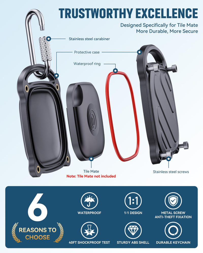 DDJ 4 Pack for Life360 Tile Mate 2024 Tracker Case, IPX8 Waterproof Protective Holder, Heavy Duty Anti-Loss Screw Lock Cover with Metal Carabiner for Keys, Luggage, Backpack & Pet Collar, Black Black x4