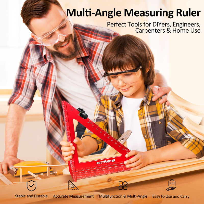 8 inch 3D Multi-Angle Measuring Square Ruler, WT103C High Precision Hole Scribing Woodworking Tools, 0-90° Aluminum Alloy Carpenter Square with Stair Gauges, Carpenter Pencils 6 Refills. 8 inch Square+Pencil+Stair Gauge Imperial