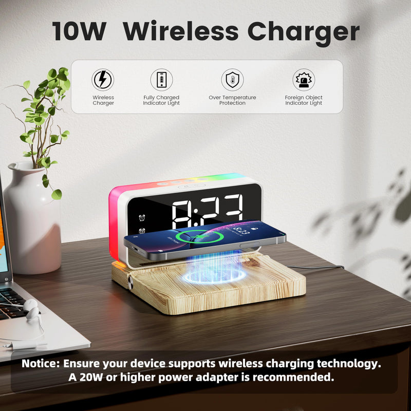 Bedroom Alarm Clock for Heavy Sleepers - 5 in 1 Magnetic 10W Wireless Charger with White Noise Bluetooth Speaker RGB Light Dual Alarm (Woodgrain)