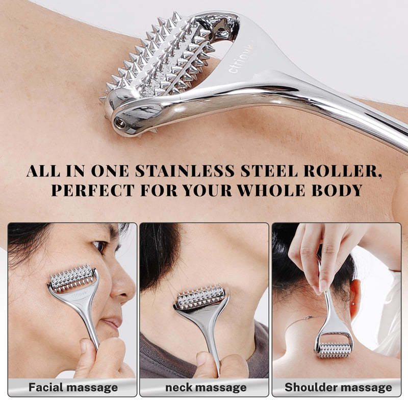 Acupuncture Massage Roller, Stainless Steel, Portable Manual Roller for Whole Body Pain Relief, Puffiness Reduce and Muscle Relaxation Massage
