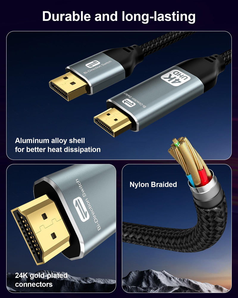 4K Bidirectional HDMI to Displayport Cable 5Ft (4K@60Hz/2K@120Hz) Male to Male Adapter Bidirectiona Display Port to HDMI Braided Cord, DP to HDMI Compatible with PC,Laptop,AMD,NVIDIA,PS5,Xbox 5 Feet