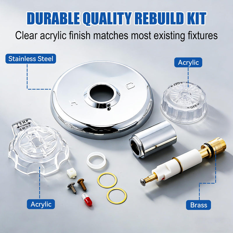 Single Lever Tub and Shower Rebuild Kit, Compatible with Mixet Shower Valves Repair Parts, Includes Cartridge Stem, Shallow Flange, Temperature and Volume Control Handle (Clear Handle)