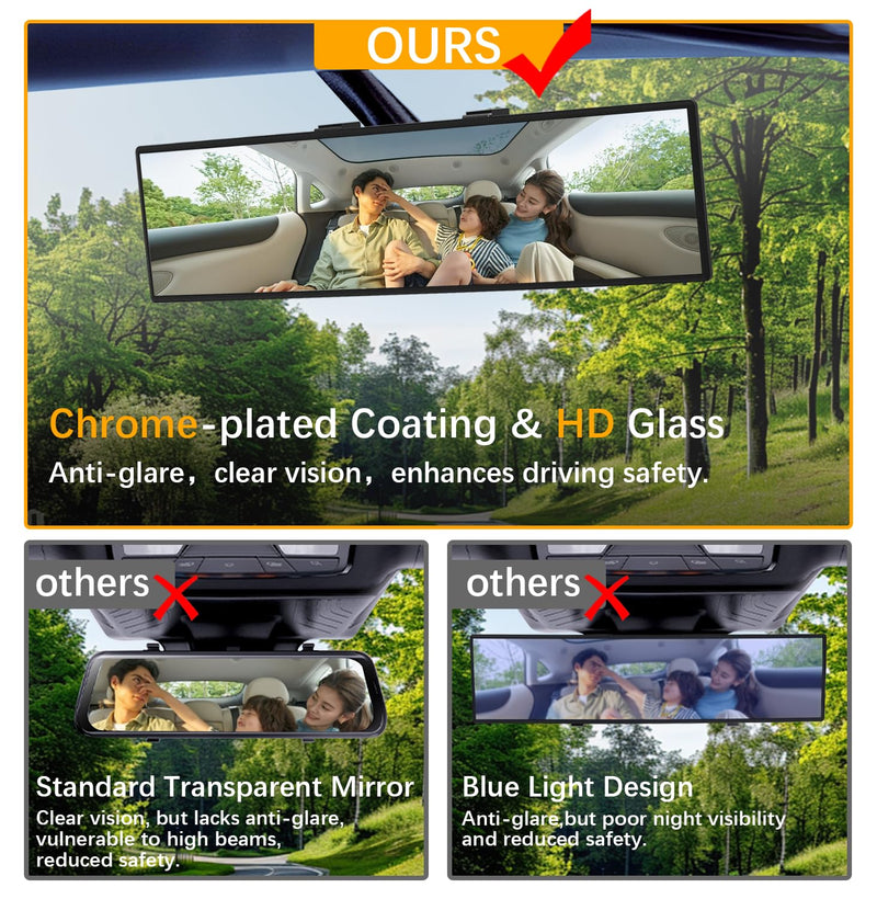 Rear View Mirror, Chrome Anti-glare Panoramic Rear Mirrors Universal 12 Inch Convex Car Interior Clip on Extra Big Wide Angle Rearview Mirror Extender to Reduce Blind Spot for Car SUV Trucks 1