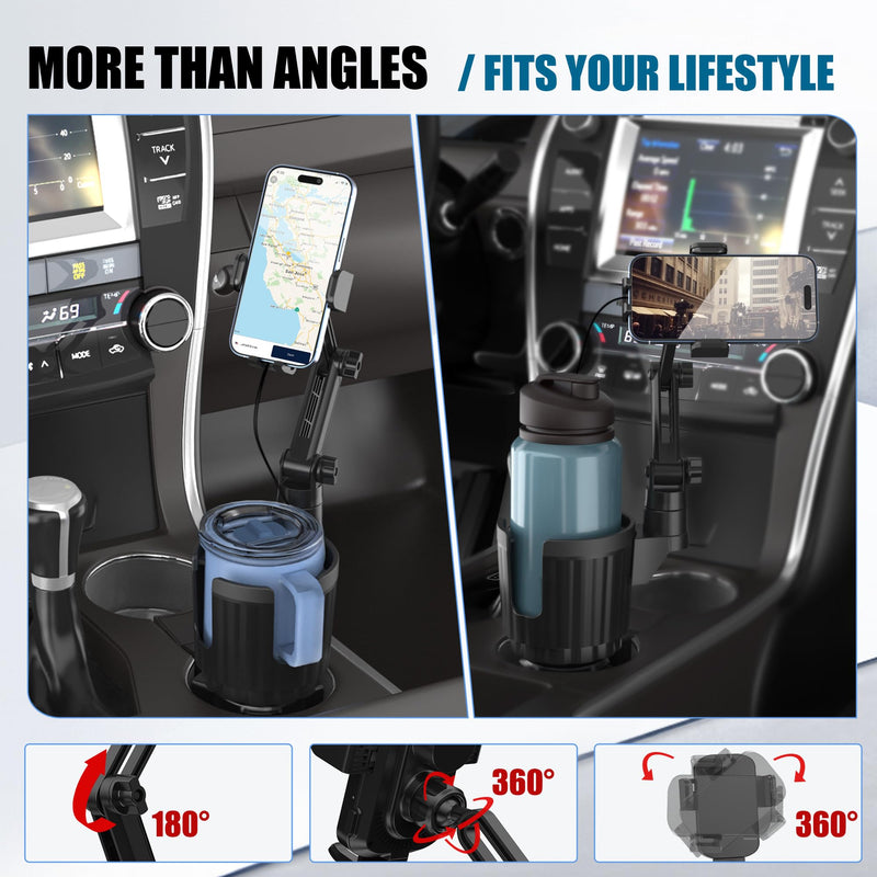2 in 1 Auto-Clamping Cup Phone Holder for Car, 15W Fast Wireless Charging Cup Holder Phone Mount with USB-C Cable and 12V Car Adapter, Adjustable Car Cup Expander for Large Bottles