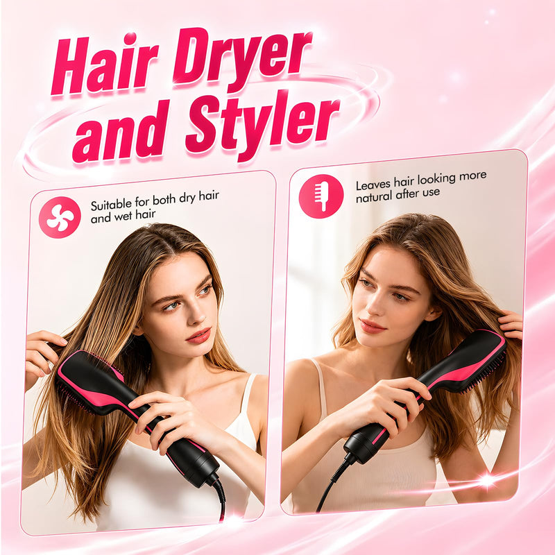 3 in 1 Hair Dryer Brush,Hot Air Styling Brush with Negative Ion,Hairdryer Straightener Brush with 3 Heat/2 Speed Settings,Scalp Massage Function for Frizz-Free Salon (Black + red) Black + Red