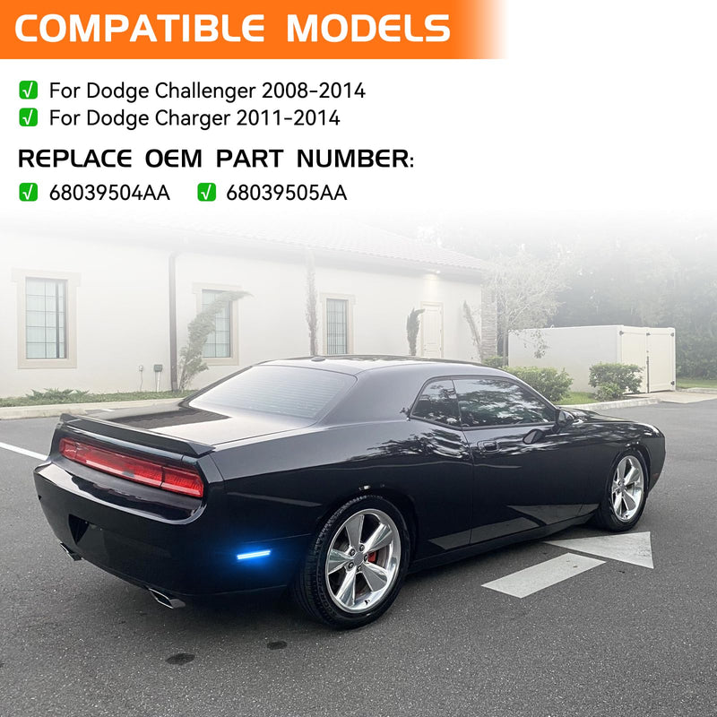 Smoked Lens Blue LED Side Marker Lights for 2008-2014 Dodge Challenger 2011-2014 Dodge Charger, Rear Bumper Marker Reflectors 2PCS