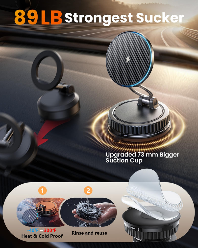 15W MagSafe Car Mount Charger, Vacuum Magnetic Phone Holders for Your Car | [89+LBS Strong Suction, 2800gf Strong Magnetic] Wireless Car Charger, Car Phone Holder for iPhone 17-12, Samsung, Gifts Carbon Fiber