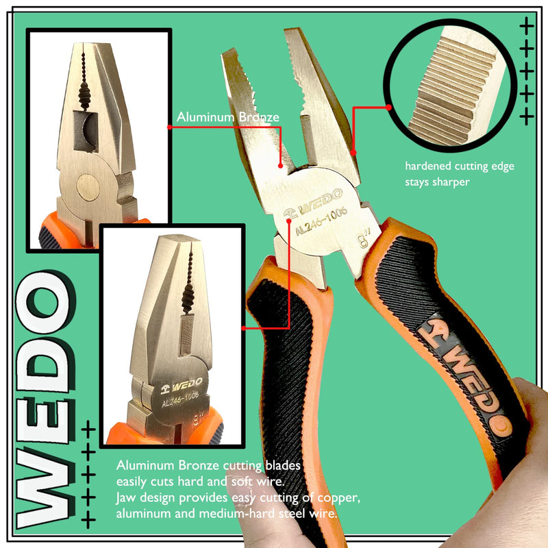 WEDO Non-Sparking Lineman's Pliers 6", Spark-free Safety Side Cutter Linemans Pliers, Combination Pliers, Wire Stripper, Crimper, DIN Standard, BAM & FM Certificate, Aluminum Bronze 6“