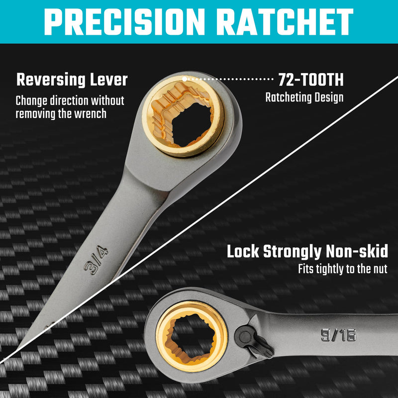 DURATECH Anti-slip 4-in-1 Reversible Ratcheting Box Wrench Set, Double Box End, SAE, 2-Piece, 5/16, 3/8, 7/16, 1/2 & 9/16, 5/8, 11/16, 3/4-Inch, CR-V Steel, Nickel Plated, with Rolling Pouch Anti-slip & SAE