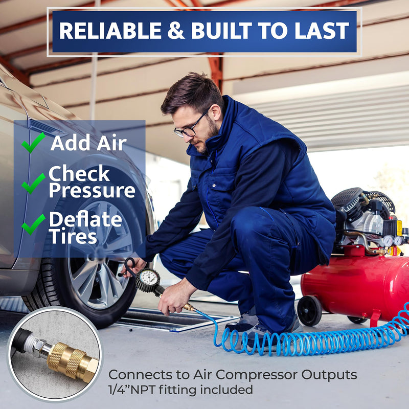 Tire Inflator with Pressure Gauge and Longer Hose - Most Accurate, Heavy Duty Air Chuck with Gauge for Air Compressor Tire Inflator Attachment - 100PSI 100 psi Classic style
