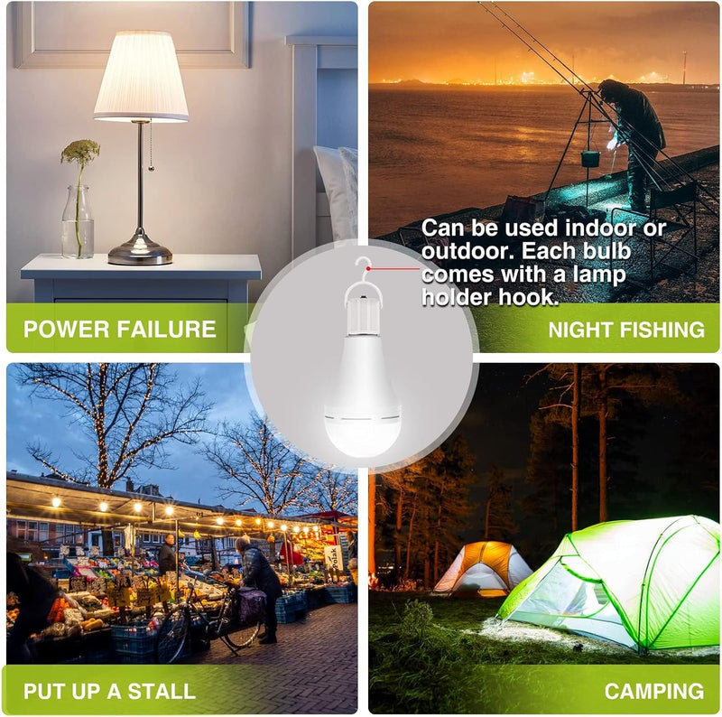 Neporal 4 Pack Emergency-Rechargeable-Light-Bulb, Stay Lights Up When Power Failure, 1500mAh 15W 80W Equivalent LED Light Bulbs for Home, Camping, Tent (E27, with Hook) (Daylight) Daylight 4 Pack 1500mAh