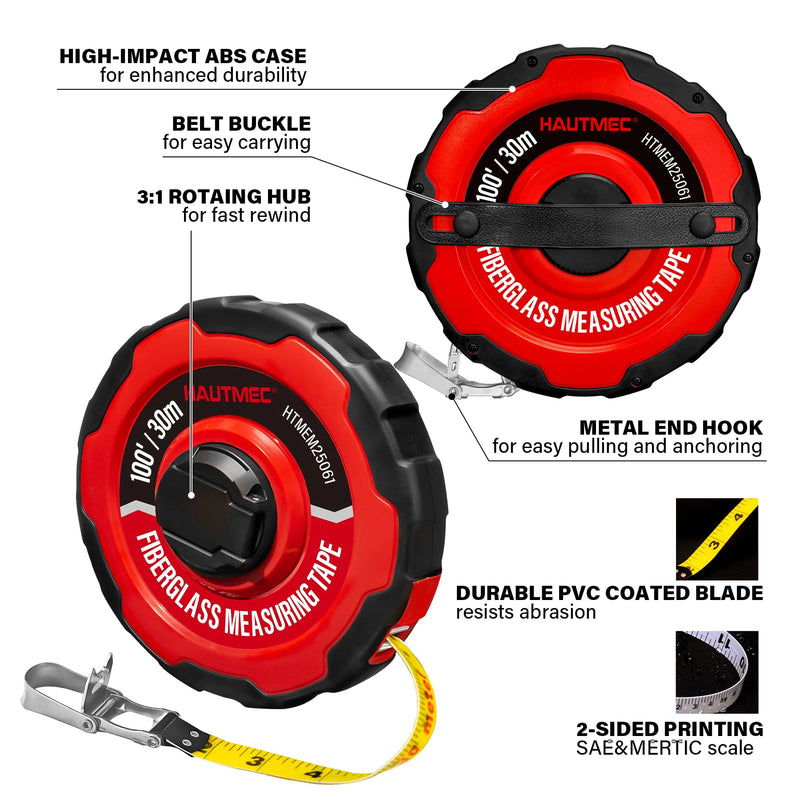 HAUTMEC 100ft/30m Tape Measure Long Measuring Tape Flexible PVC Fiberglass Dual Inch/Metric, Closed Reel Measure Tape, for Land Yard Distance Measurement, and Construction 25061