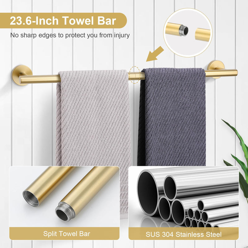 TQKAG 5 Piece Bathroom Accessories Set Brushed Gold Bathroom Hardware Set 23.6 Inch Bath Towel Bar Set SUS304 Stainless Steel Towel Rack Set 5-Pieces Set