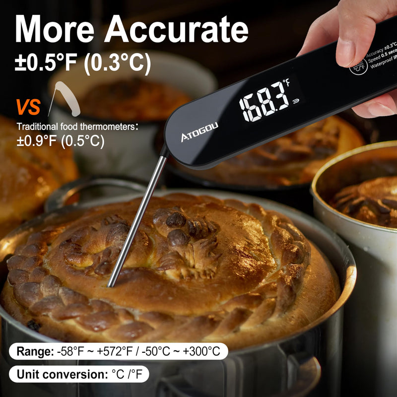The Latest Thermocouple Food Thermometer. Faster: <1 Second Response time. More Accurate: ±0.5°F (0.3°C), IPX7 Waterproof, for Meat/Candy/Grill/BBQ etc. TH-22 Black