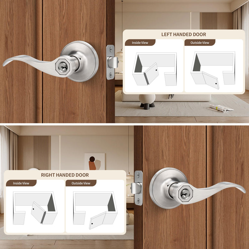 Moquin Wave Design Keyed Entry Door Lever with Lock, Reversible Door Handle for Right/Left Side Front/Entrance Door Lock in Satin Nickel Finish Keyed Entry-Lock & Key