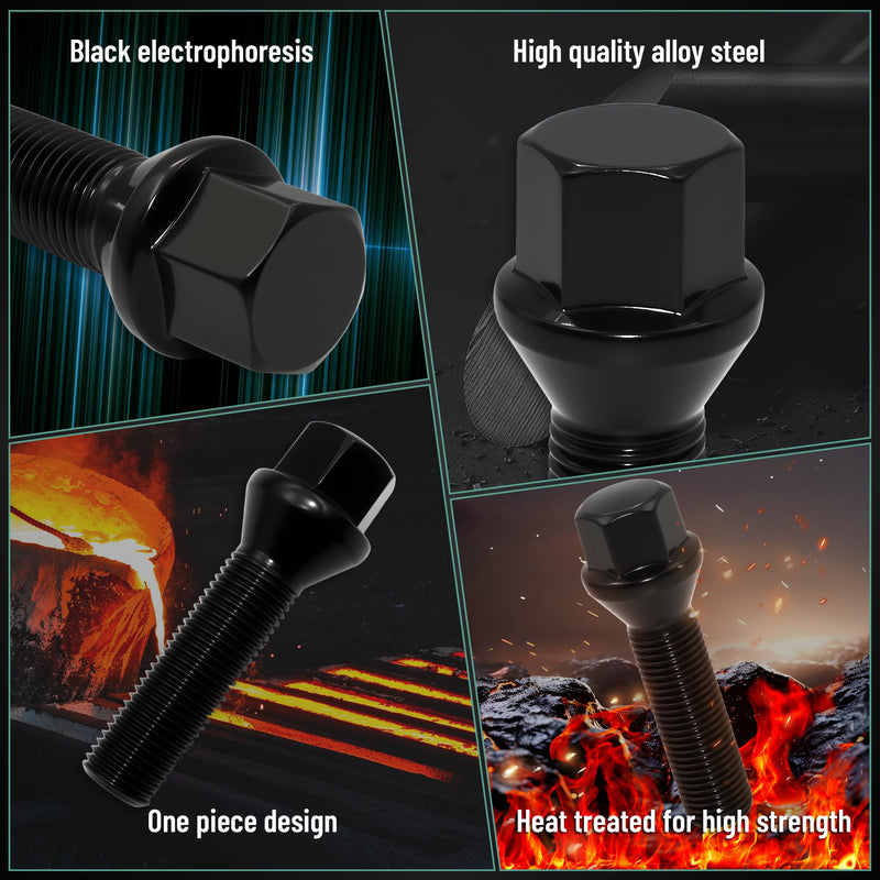 M14x1.5 Wheel Lug Bolts – 45mm Thread Length, 17mm Hex, 60° Conical Seat – Compatible with Wheel Spacers & European Vehicles – 20 Pack, Black M14x1.5/Conical seat 45mm Shank Length