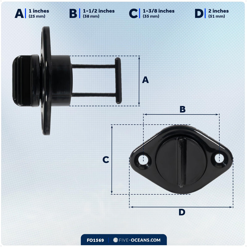Five Oceans Kayak Drain Plug - Boat Plug - Boat Drain Plug - Captive Garboard Drain Plug, for 1-Inch Transom Hole, Oval Shape, Thread with Rubber Washer Gaskets, Black Nylon - FO1569