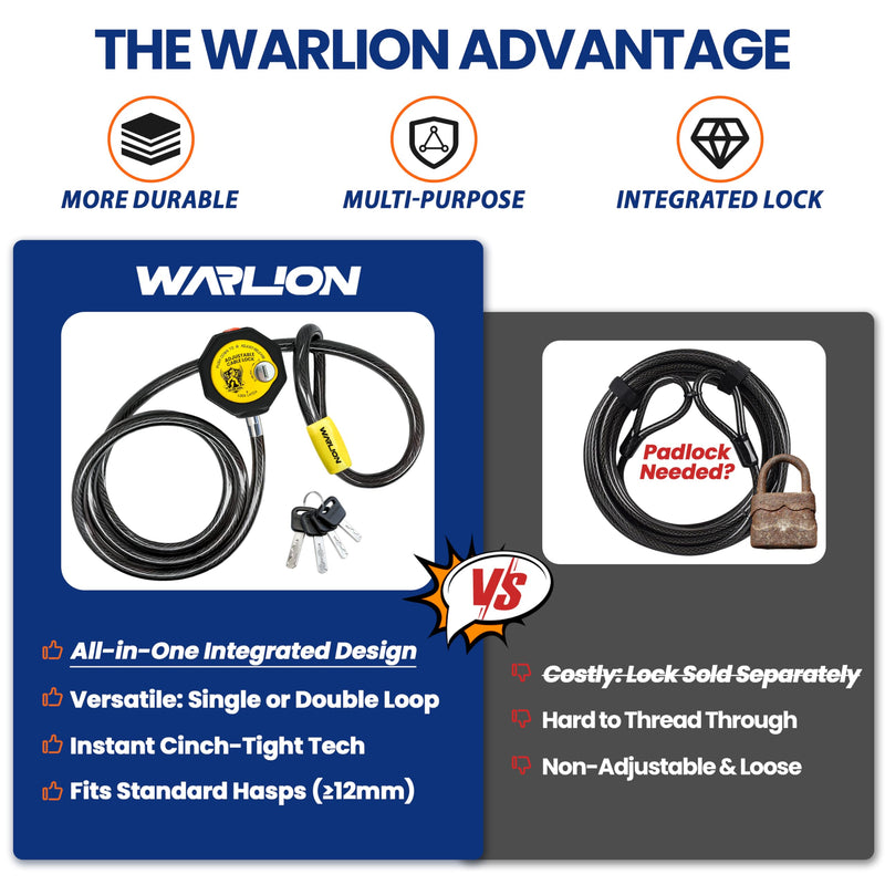 WARLION Heavy Duty Adjustable Cable Lock, 6ft x 3/8" Braided Steel Security Cable, Outdoor Anti-Theft Lock for Bicycles, Scooters, Patio Furniture, Spare Tires, Generator, Cooler, Grill, Ladder 6ft x 3/8" diameter
