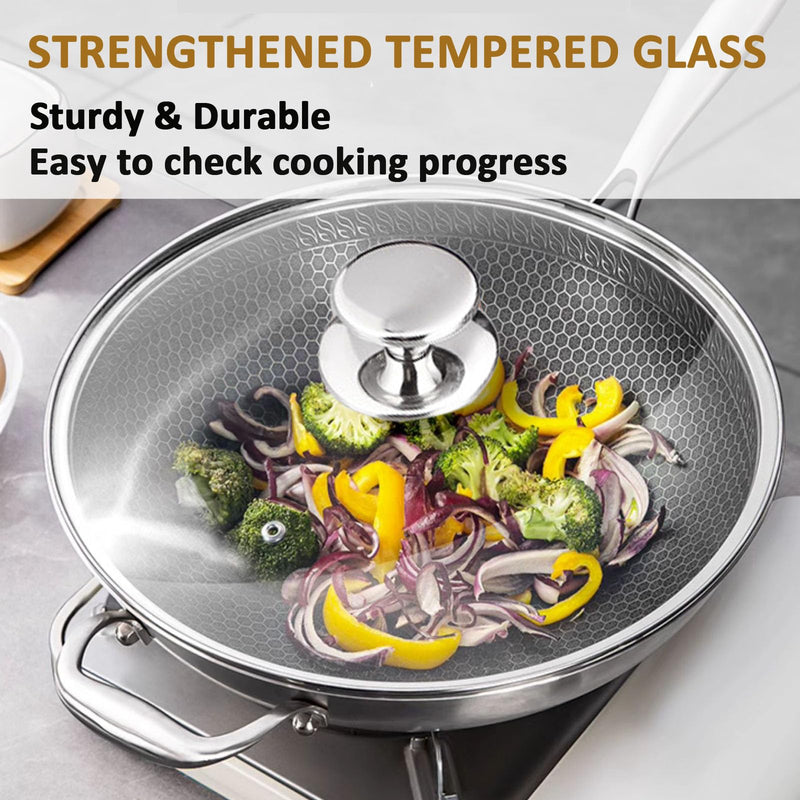Glass Lid for 12.5 Inch Stainelss Steel Cast Iron Skillets Frying Pans, 32cm Tempered Lids for Dutch Ovens, 12.5 In Pan Cover with Stainless Steel Rim for Stock Pots, Dishwasher Safe 12.5" Stainless Steel Rim & Handle