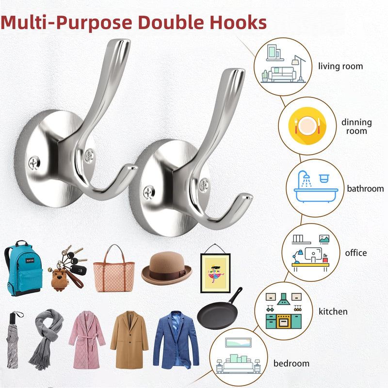 Towel Hooks for Bathrooms Silver Wall Hooks 2 Pack Brushed Nickel Coat Hooks Heavy Duty Towel Wall Hooks for Coats Robes Hats Bath Entryway Cubicle Kitchen Screw in Brushed Nickel Towel Hooks