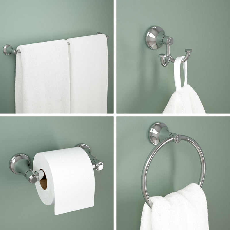 Franklin Brass Woodruff 4-Piece Bathroom Set Polished Chrome 18" + 6" Towel Rack, Toilet Paper Holder, Hand Towel Holder, Hook | 4-Piece Bath Hardware Accessories Set WDRF64-PC