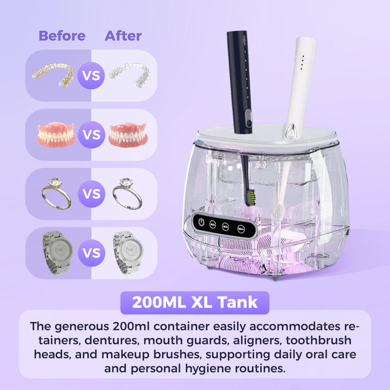 Ultrasonic Retainer Cleaner Machine, 45kHz Rechargeable Retainer Cleaner with 4 UV Lights, 200ML,Ultrasonic Cleaner for Retainers, Aligners, Mouth Guards, Night Guards & Dentures