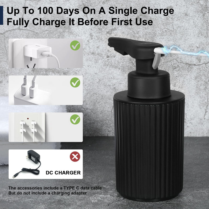Automatic Soap Dispenser Liquid Touchless: 9oz Black Plastic - Rechargeable Electric Smart Auto Hand Soap Dispenser - Dish Bathroom Kitchen