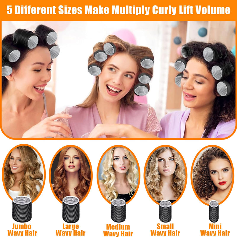 56 Pcs Velcro Hair Rollers Set with 5 Sizes, Self Grip Hair Roller with Clips for Jumbo, Large, Medium, Small, Mini, DIY Hairdressing Curlers for Volume, Long, Medium, Short, Thick, Fine Hairs (Black)