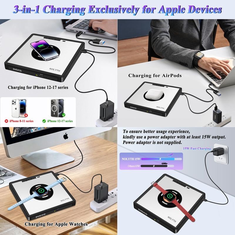 External CD Drive for Laptop: with 15W Wireless Charger Plug & Play | Optical DVD Burner for Apple Mac Linux Windows PC, Portable DVD Player Disc Reader with 3 USB3.0 Ports 1 USB C, 1 TF&SD Port