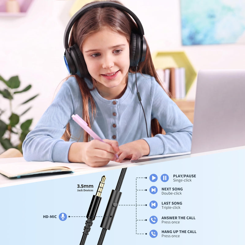 AILIHEN Kids Wired Headphones with Microphone & 3.5mm Jack for School-Blue | K-12 Classroom, Online Learning, Duarable, Adjustable & Foldable, Kids & Teens, For Chromebook, Laptop & Tablet, Lightweight Blue