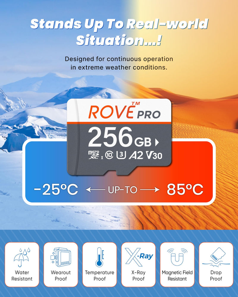 ROVE PRO Micro SD Card microSDXC 256GB Memory Card with Full-Size SD Adapter 100MB/s Read Speed, C10, U3, V30, 4K, A2 for Dash Cam, Android Smart Phones, Tablets, Games