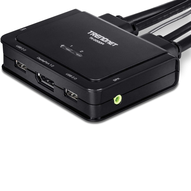 TRENDnet 2-Port 4K DisplayPort 1.2 KVM Switch with Audio, 4K UHD (3840 x 2160@60Hz), 3.5mm Speaker/Microphone, USB 2.0, Integrated Cables, Black, TK-220DPI 2-Port 4K DisplayPort KVM