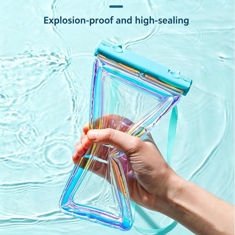 Air Float Waterproof Phone Case, Rainbow Holographic Laser TPU Touch Responsive Phone Pouch for Pool Beach Snorkeling Cruise (Black) Black