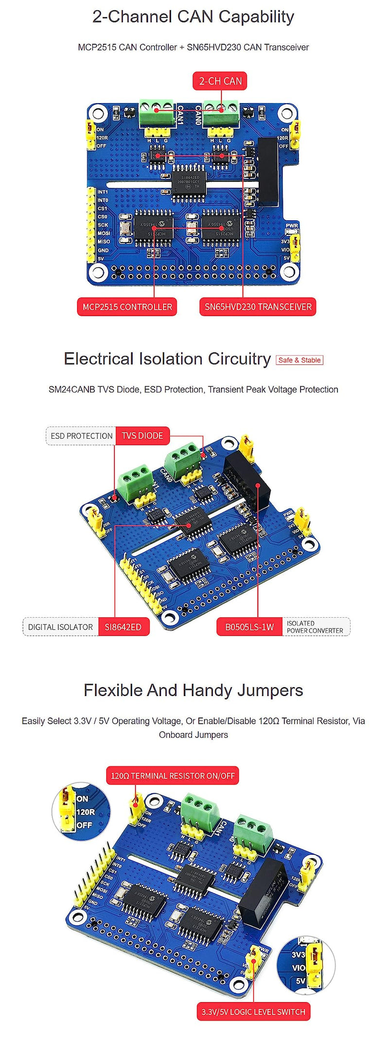 2 Channel CAN HAT Isolated CAN Bus Expansion Board for Raspberry Pi/STM32/Arduino with MCP2515 + SN65HVD230 Dual Chips Solution
