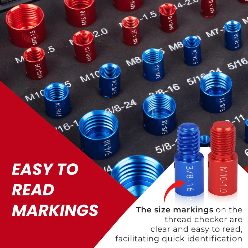 Thread Checker, 60pcs Nut and Bolt Thread Checker, 30 Inch & 30 Metric Box Set Thread Gauge, Thread Checker Standard and Metric Suitable for Size Checker of Bolts or Nuts in Narrow Areas 60PCS Thread Checker Red
