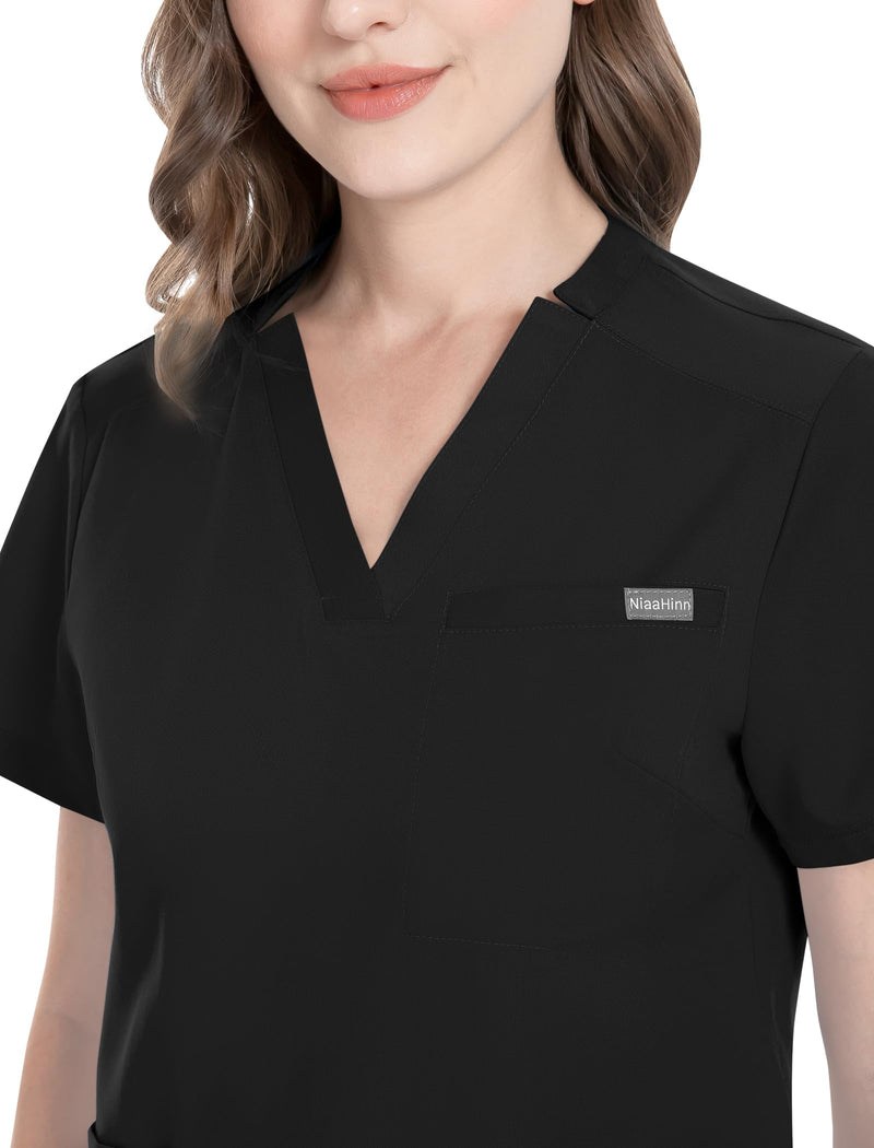 niaahinn Women's Scrub Top with Classic V-Neck & Yoga Jogger Pants Medical Nursing Uniform Set Medium Black