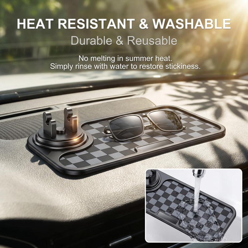 Car Dashboard Mat, Silicone Anti-slip Checkered Pad with 360-degree Rotating Phone Mount, Heat-resistant Waterproof Organizer Pad, Universal Interior Accessories for Most Cars (Black) 1 PC Black