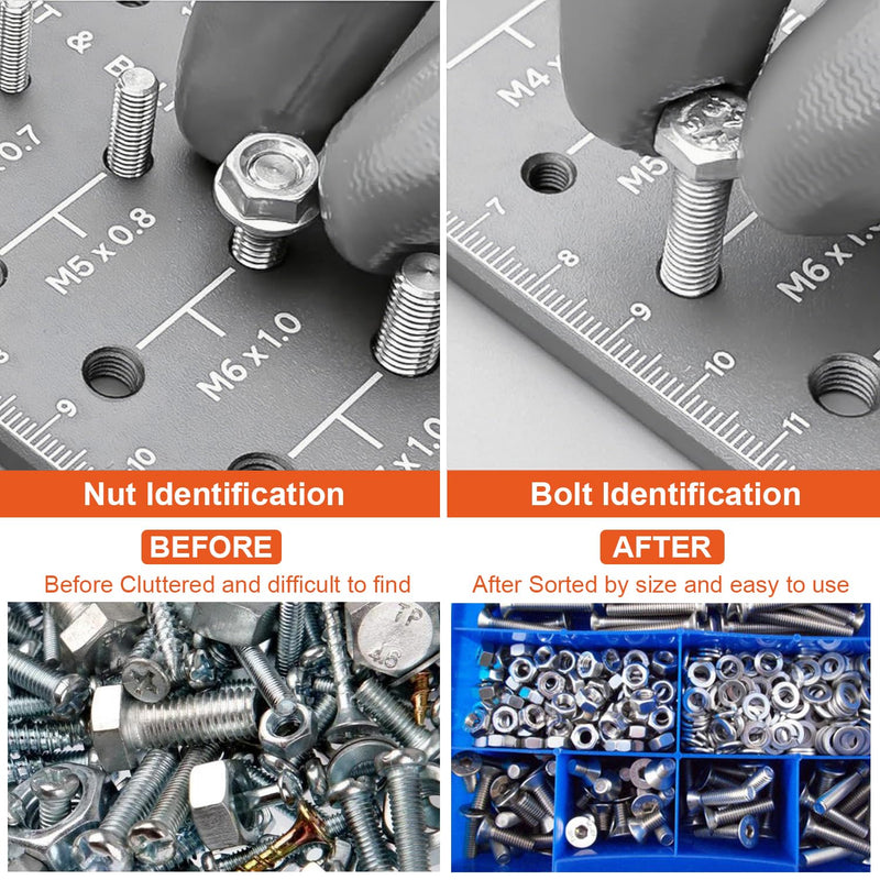 51-in-1 Bolt Size Finder & Thread Checker, 32 Metric & 32 SAE Nut and Bolt Thread Gauge with 19 Drill Bit Checker, CNC-Machined Aluminum Screw Size Chart, Go/No-Go ANSI Standard, Non-Slip Base