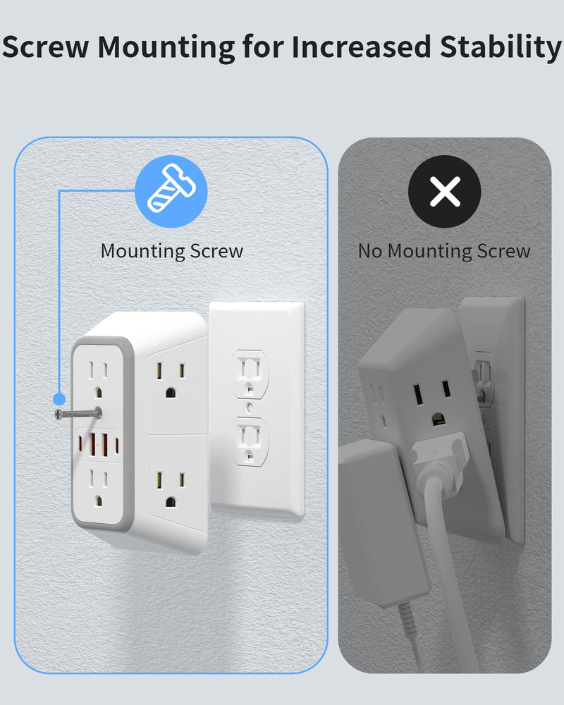 Outlet Extender 6 AC Surge Protection 1050J,Wall Charger 2 USB A&2 USB C | Multi Plug Wall Outlet,6 Outlet Splitter,3-Sided Power Strip,Wide Space Wall Adapter for Home Office Kitchen Travel 1 pack