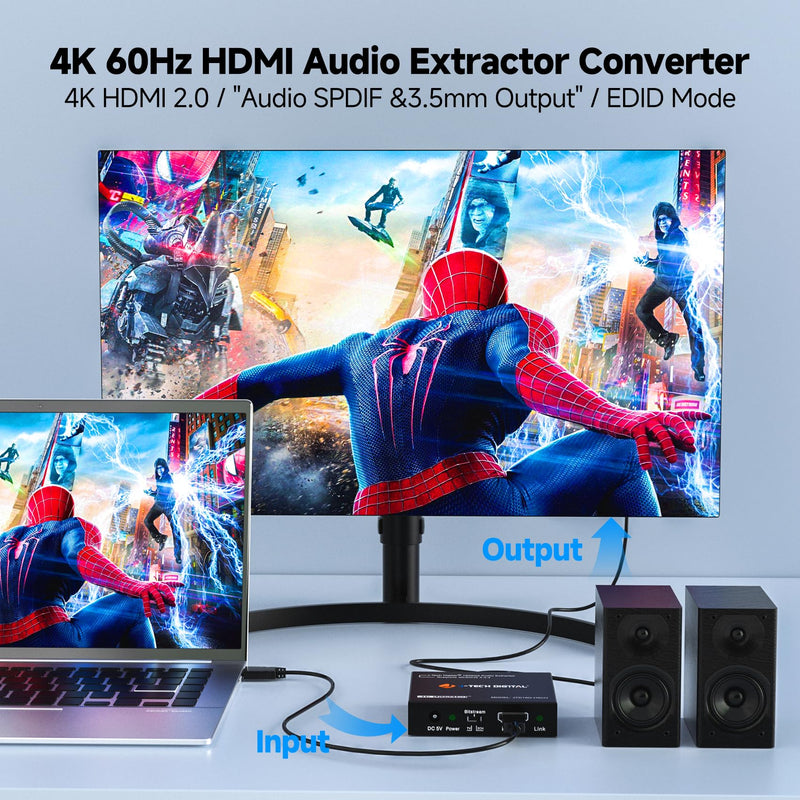 J-Tech Digital 4K HDMI Audio Extractor, 4K@60Hz 1080P@120Hz 1080P@144Hz HDMI to Optical, 3.5mm Audio Converter Adapter, SPDIF, HDR10 CEC Digital Audio, DTS 5.1, [JTD18G-H5CHV2] 4K60 Audio Extractor