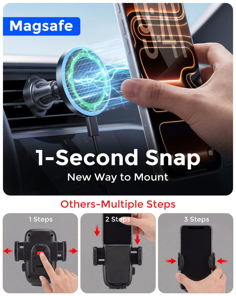 2-in-1 15W Magsafe Car Mount Charger, Magnetic Wireless Car Charger | 360° Dashboard & Air Vent Phone Mount, Phone Holders for Your Car, Car Accessories for Men Women for iPhone 17-12