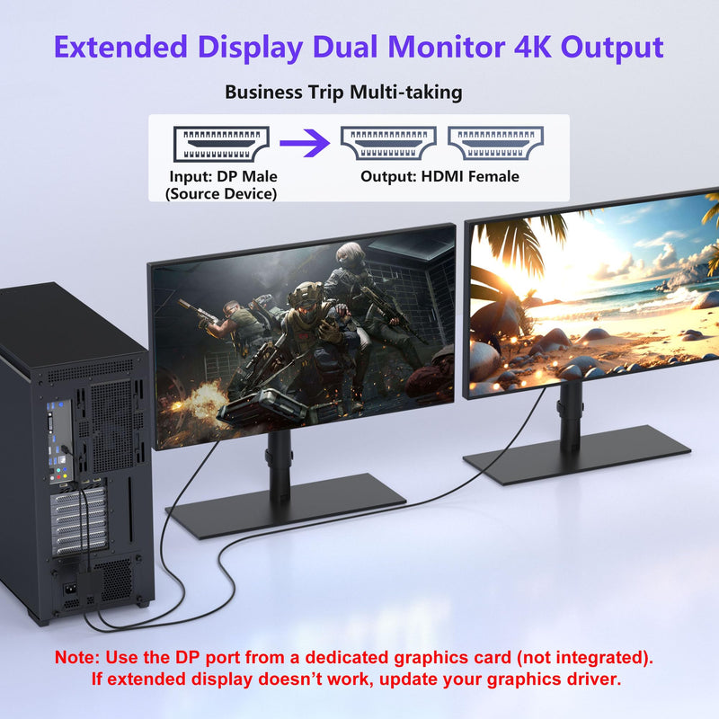 HDMI Splitter Extended Display, DisplayPort to Dual HDMI Adapter for 2 Monitors, DP Source to HDMI Splitter 1 in 2 Out, Display Port Splitter MST Hub for Desktop Laptop NVIDIA AMD Graphics Card Black