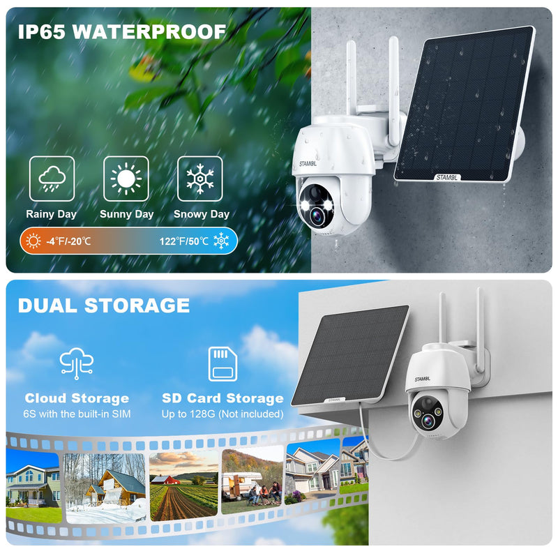 4G LTE Cellular Security Camera, No WiFi Solar Powered Wireless Outdoor Camera with Built in SIM Card, 2K Color Night Vision, 360° Full View, PIR Motion Detection & Siren, 2 Way Talk