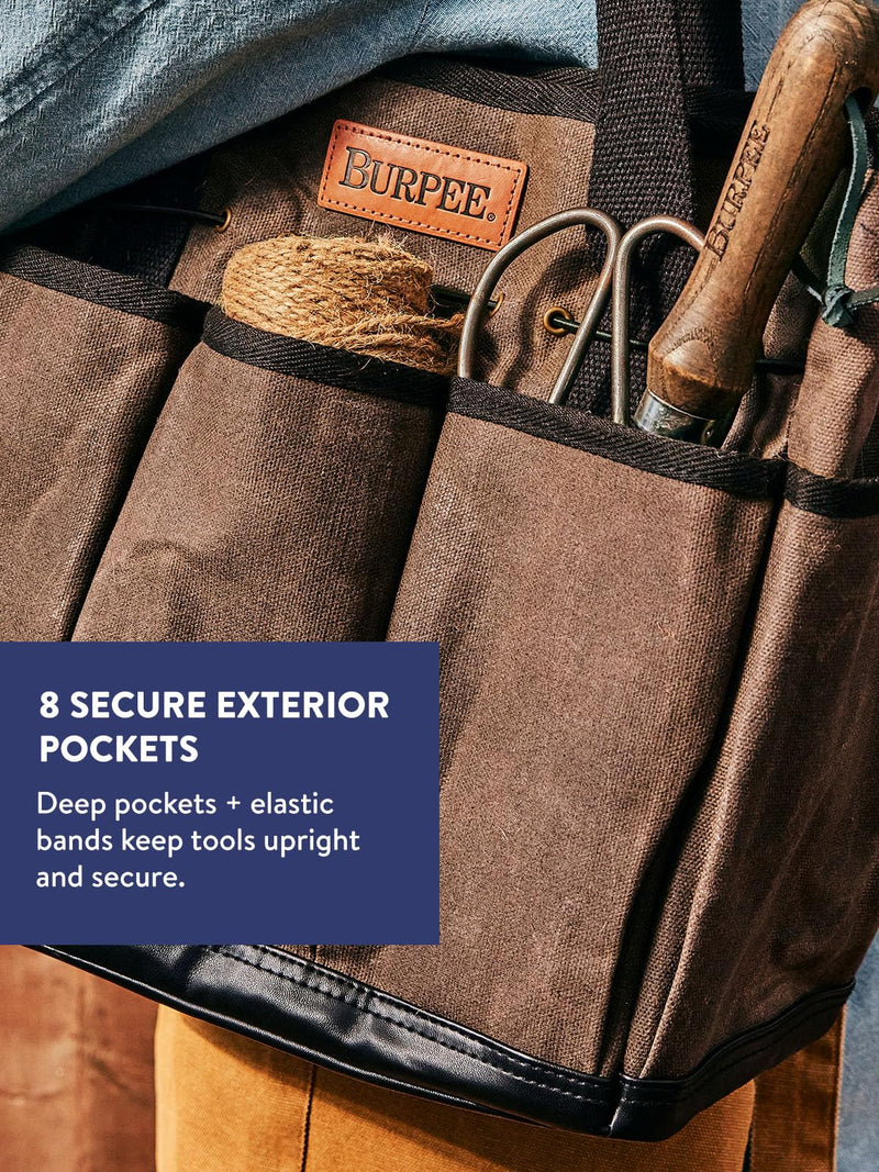 Burpee Waxed Canvas Garden Tool Tote | Heavy-Duty Tote Bag Storage Organizer for Gardening Tools | Great Gift for Gardeners | Canvas Tote Bag Caddy 8 Exterior Pockets for Tool Storage, 12" H x 14.5" W