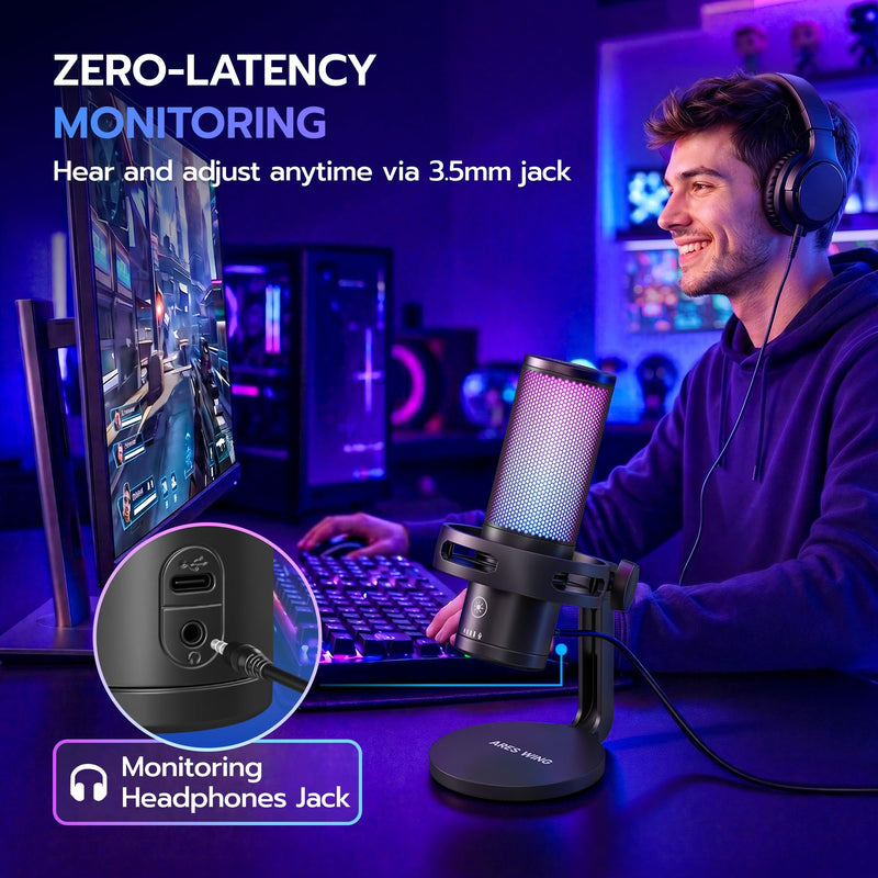 ARES WING USB Gaming Condenser Microphone with RGB Light, for Streaming | Cardioid Podcast Mic, Noise Reduction, Quick Mute, Shock Mount, Headphone Jack, Gain Knob for PC/Mac Discord Twitch YouTube