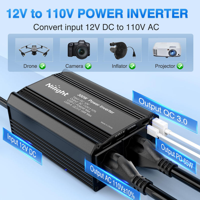 Nilight 300W Power Inverter 12V DC to 110V AC Car Converter with PD 65W USB C & QC3.0 for Phones Tablets Laptop Computer Game Console Kindle iPad DVD Players Black 300W USB+PD 110V Outlet*2